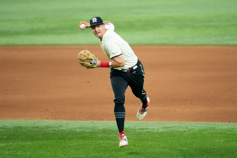 Josh Jung of the Rangers gets ready to make a throw to first base.