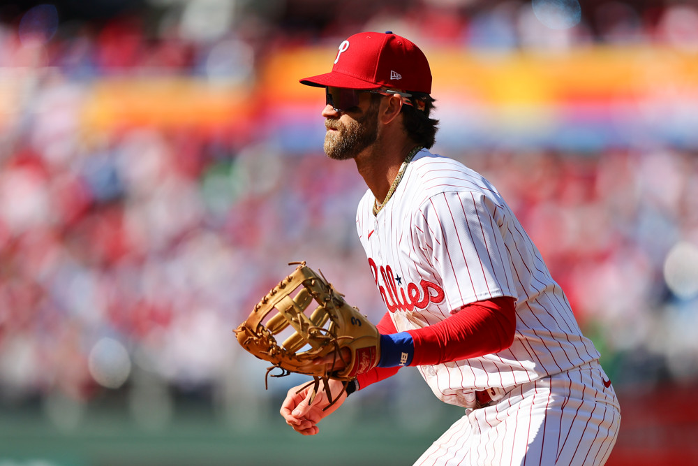 Bryce Harper stands ready for the ball to be hit to him.