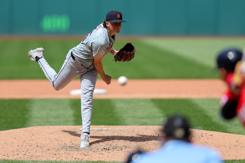 Tigers pitcher Reese Olson delivers a pitch. He was the most recent pitcher to be hit by a batted ball.