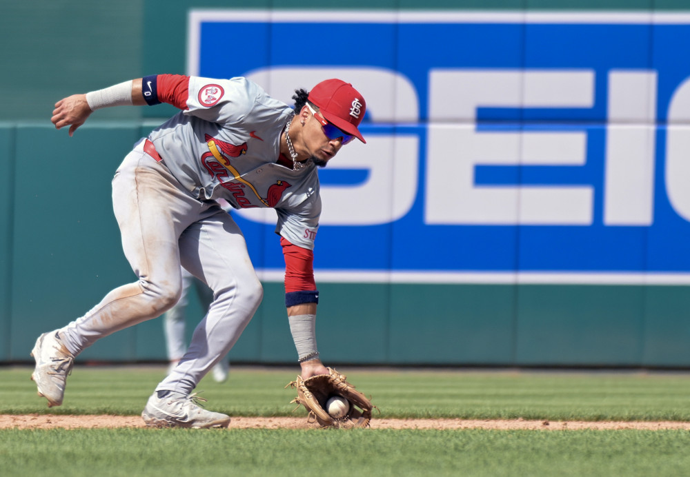 Masyn Winn, bent over at the waist, wearing a grey uniform and red hat, has the ball nestled in his glove (which is on the dirt) as he prepares to make a play.