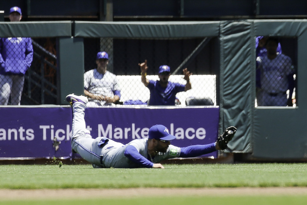 Kevin Kiermaier makes a diving catch in center field.