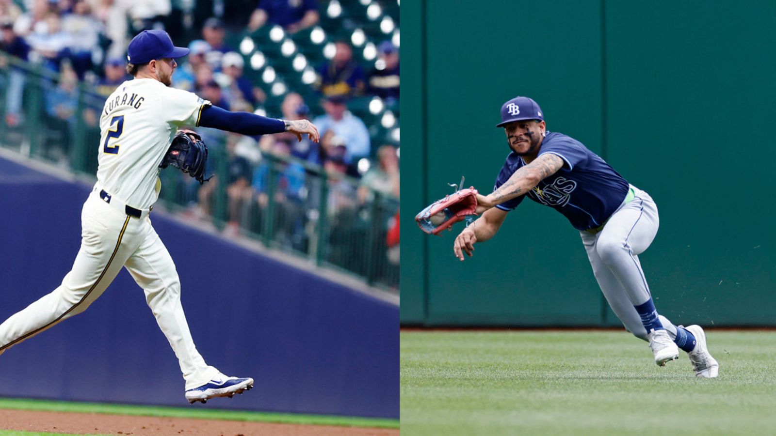 Brice Turang makes a throw and Jose Siri makes a diving catch