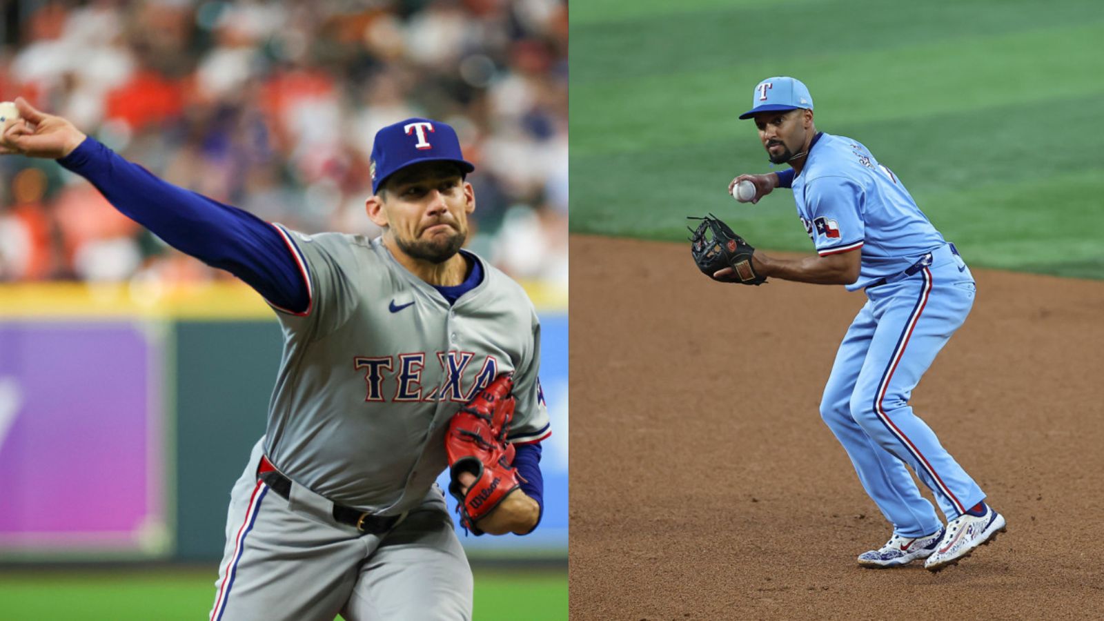 Nathan Eovaldi prepares to make a pitch (left) and Marcus Semien prepares to make a throw to first base.