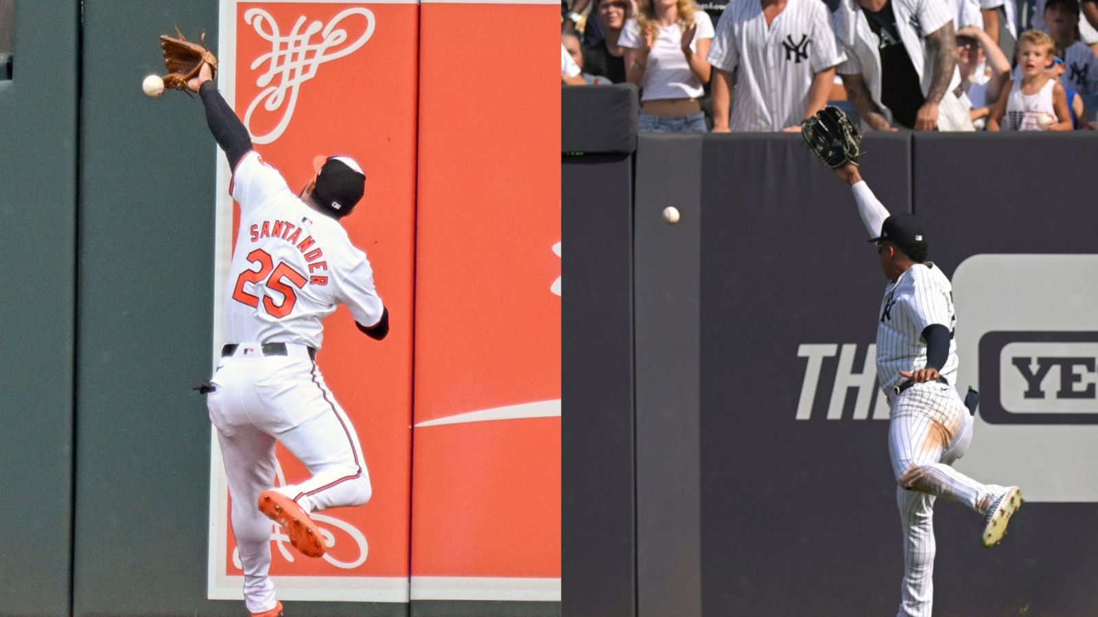 Anthony Santander and Juan Soto both reach for and miss fly balls