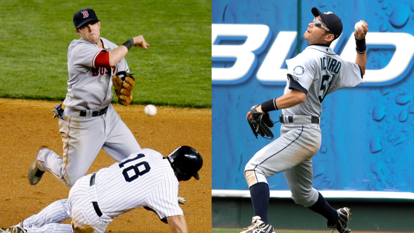 Two pictures- In one, Dustin Pedroia throws to first base to try to complete a double play while a Yankees player slides into him. In the other, Ichiro, in a Mariners uniform, makes a throw from the right field fence.