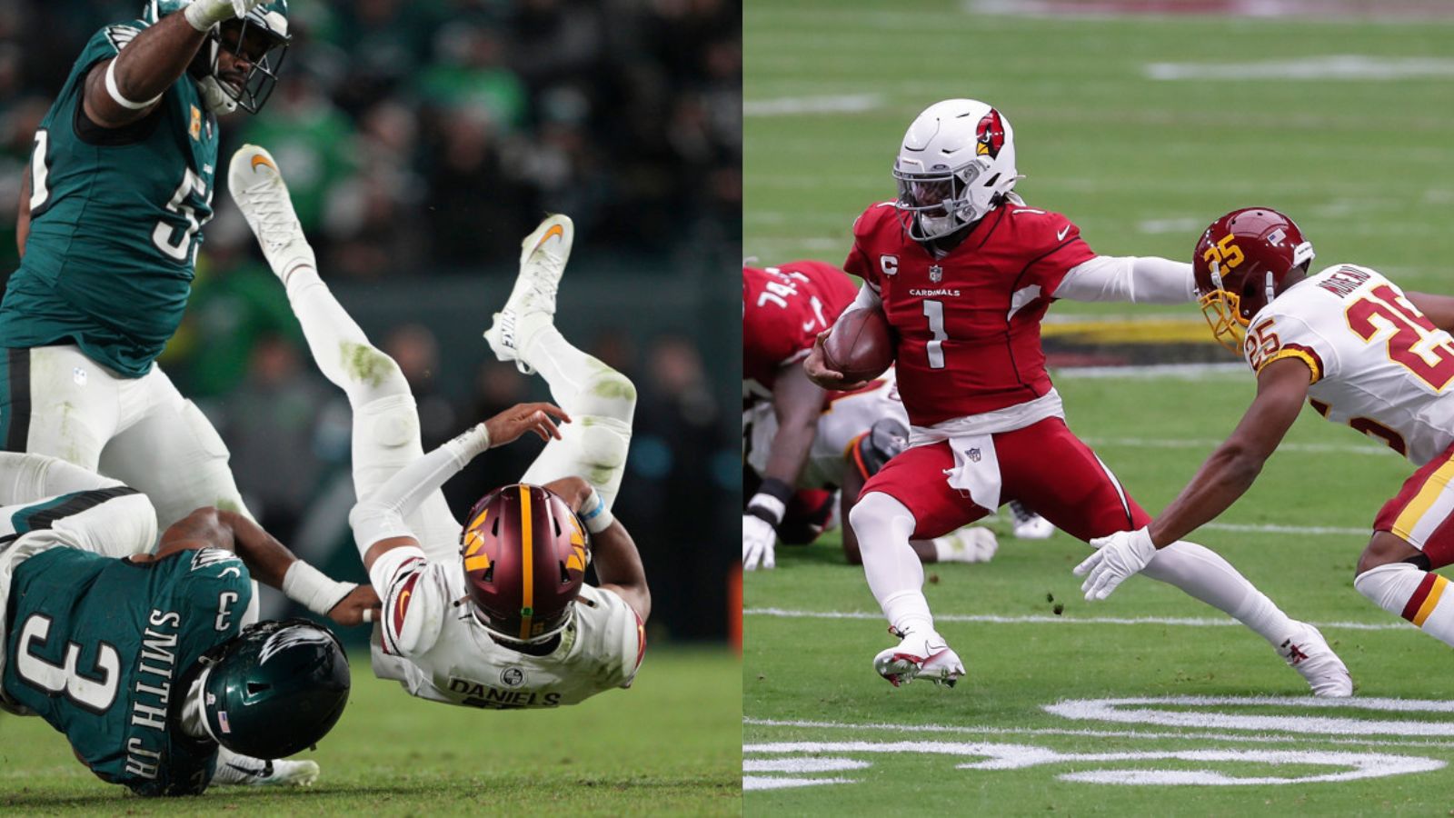 Jayden Daniels gets tackled by an Eagles player and is about to fall on his butt. In the other half of the picture, Kyler Murray dodges a Washington player to avoid being tackled.