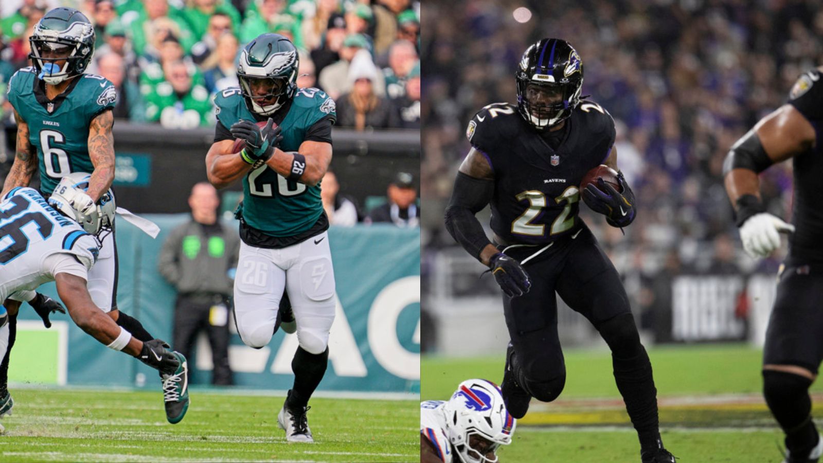 Split image of Saquon Barkley running upfield wearing a green jersey and green helmet. Derrick Henry is in the other half of the image in an all black uniform with a black helmet. Each has a football tucked under his arm.