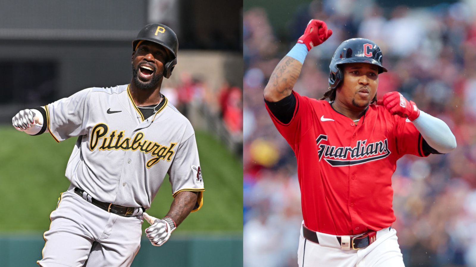 Pictures of Andrew McCutchen rounding the bases and smiling and Jose Ramirez celebrating a positive moment.