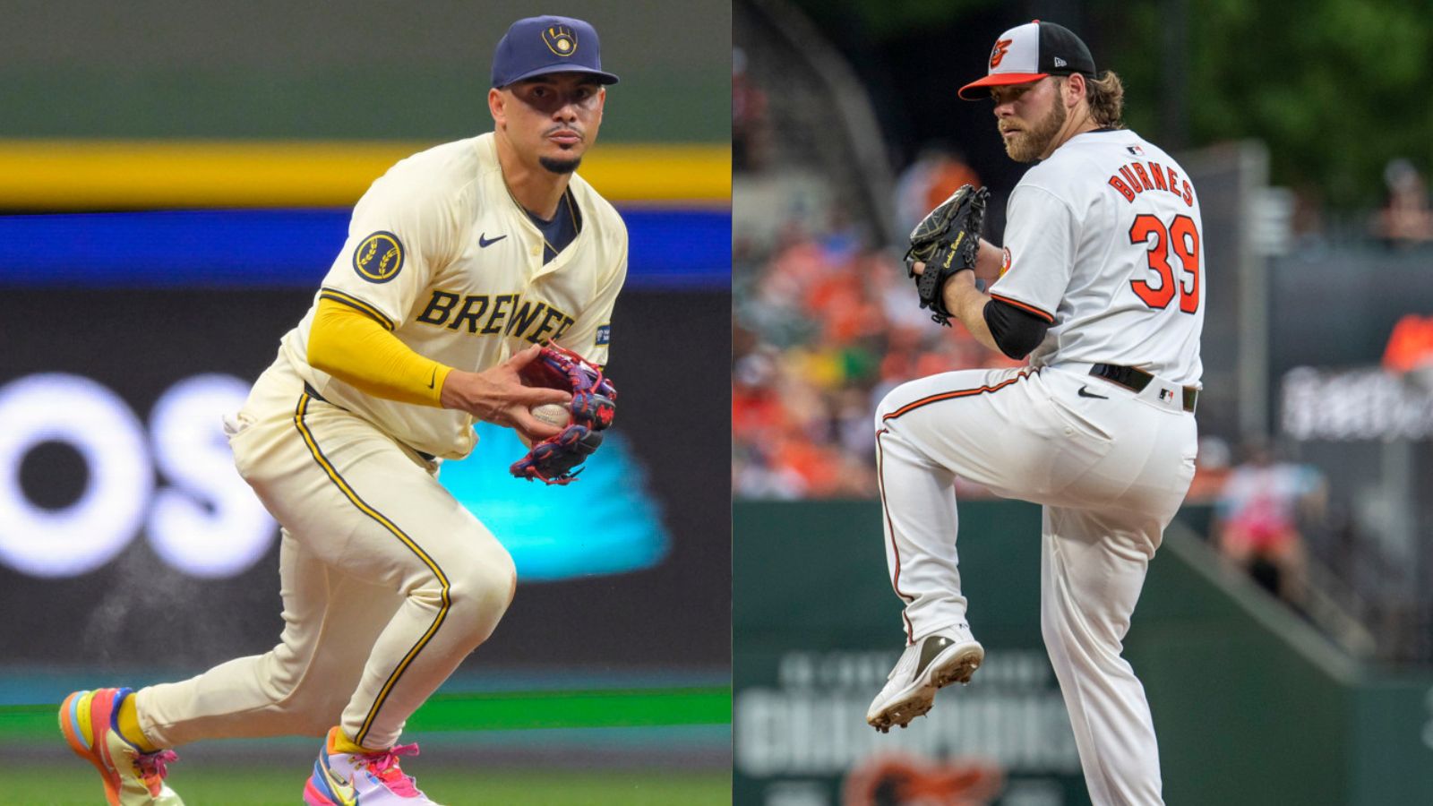 Split photo. On the left side, Willy Adames prepares to field a ground ball. On the right side, Corbin Burnes lifts up his left leg in preparing to throw a pitch. Both are wearing all-white uniforms. Burnes' jersey has orange lettering. Adames' jersey has blue lettering.