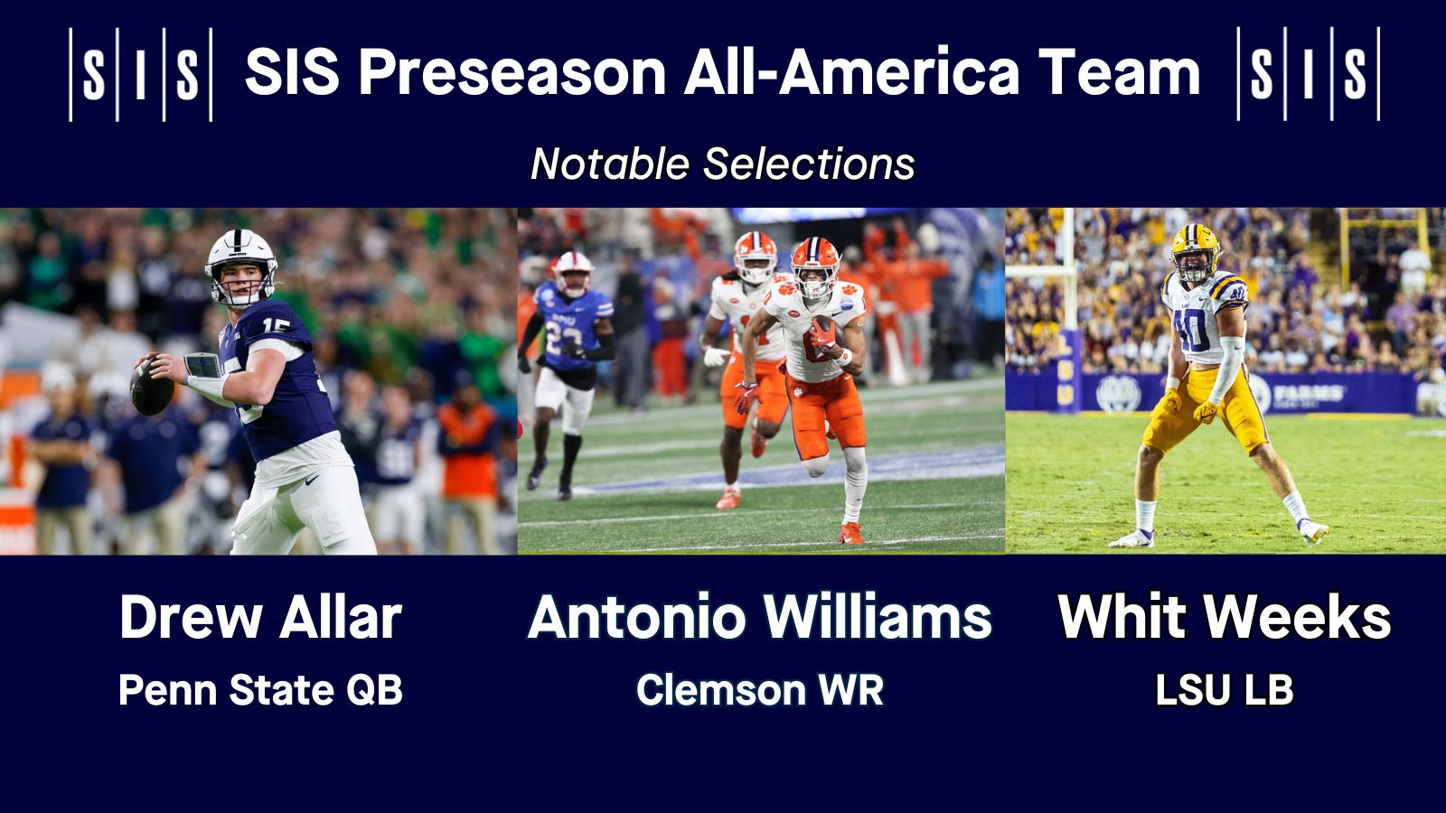 Preseason All-Americans include Drew Allar, Antonio Williams, and Whit Weeks. Allar is throwing a pass. Williams is sprinting upfield. Weeks is celebrating a big play.