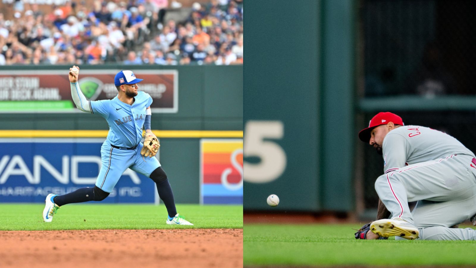 Bo Bichette makes a throw from shortstop in the left half of the photo. Nick Castellanos, down on the turf, misses a ball in right field in the other half.